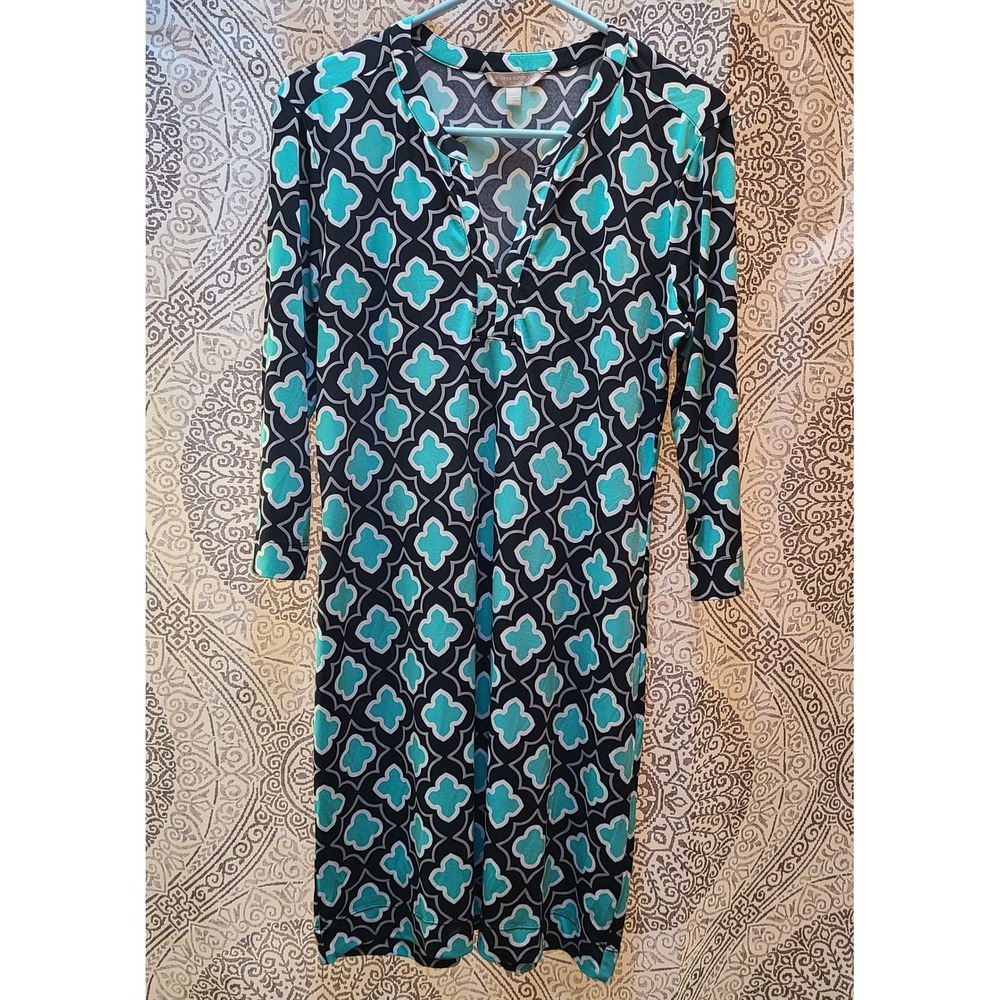 Banana Republic Shift Dress Women Medium Teal Black Geometric 3/4 Sleeve V-Neck